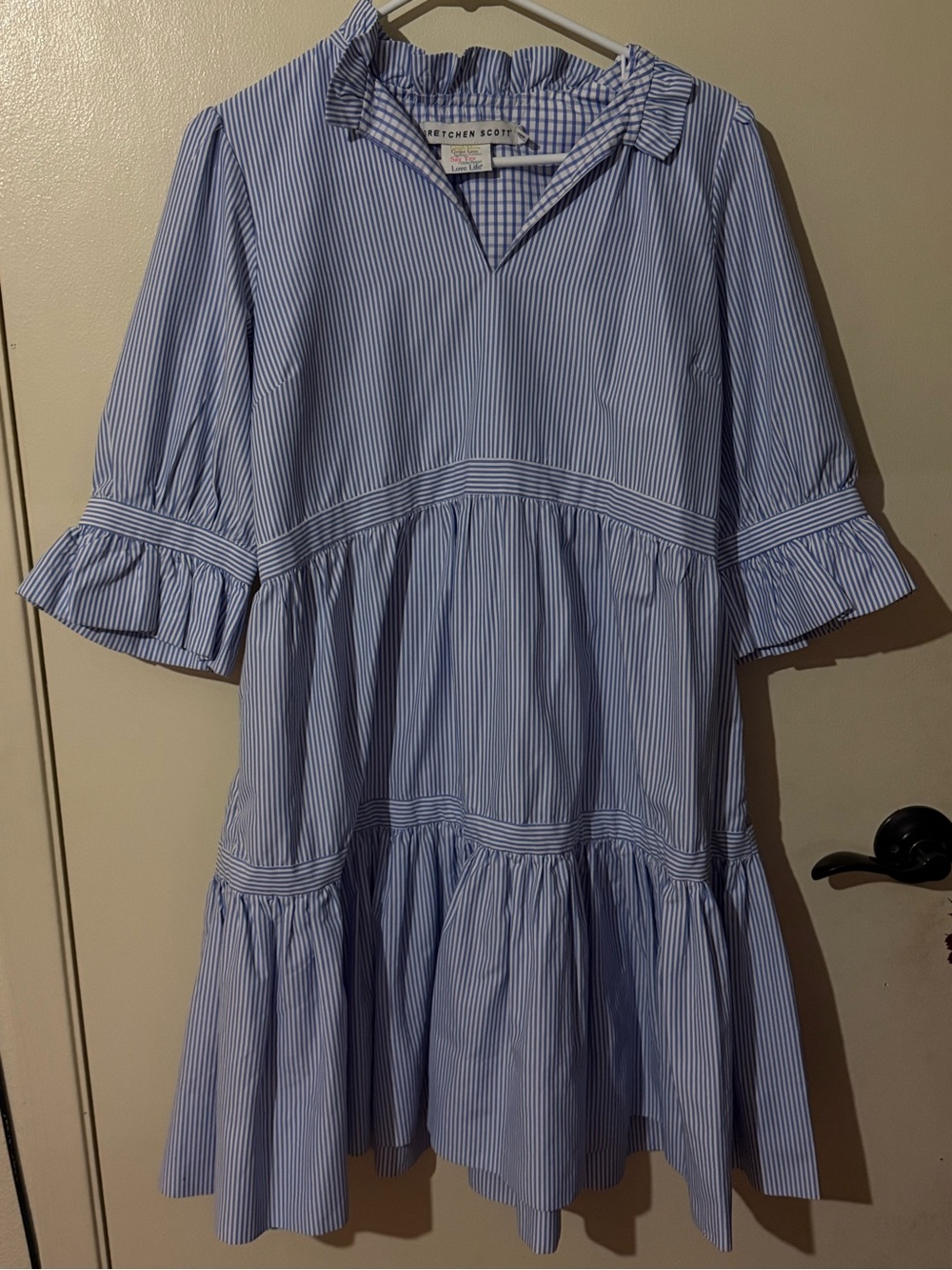 Gretchen Scott Designs Light Blue & White Striped Ruffle Tiered Dress